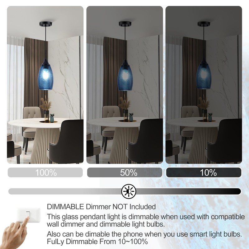 Viinew Mini Glass Pendant Light 1-Pack Handblown Clear Dark Blue