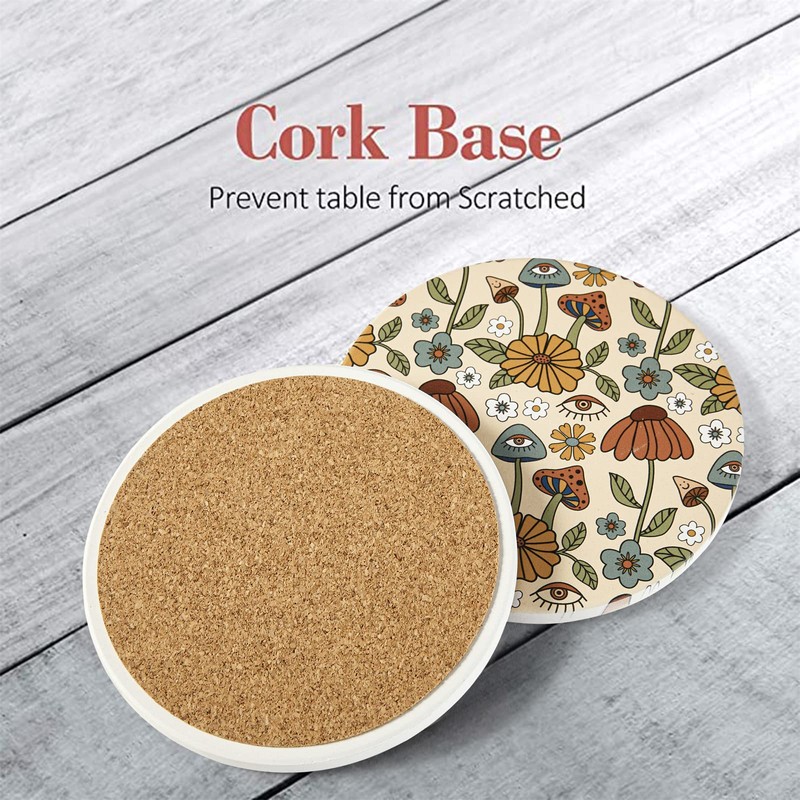 Vibiliyou Boho Drink Absorbent Retro Funky Mushroom Coasters,4pcs Boho Fun