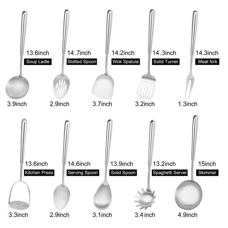 304 Stainless Steel Cooking Utensils Set, 10pcs Long Metal Kitchen