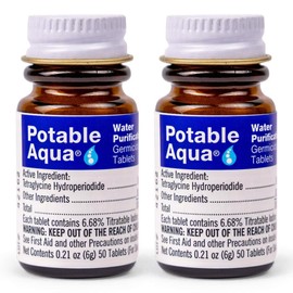 Potable Aqua Water Purification Tablets, Portable and Effective Water Purification Solution for Camping, Hiking, Emergencies, Natural Disasters and International Travel, Two 50ct Bottles, Blue