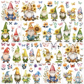 AHANDMAKER 12 Sheets Enchanting Gnome Rub On Transfer Stickers, Colorful Decor Featuring Floral Designs for Playful Window Home, Classroom, School & Party Decoration Needs, 5.5 x 5.5 Inch