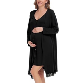 SWOMOG Nursing Hospital Gown for Women Maternity Nightgown and Robe Set 3 in 1 Postpartum Gown Pregnancy Breastfeeding Pajamas (Black, Medium)