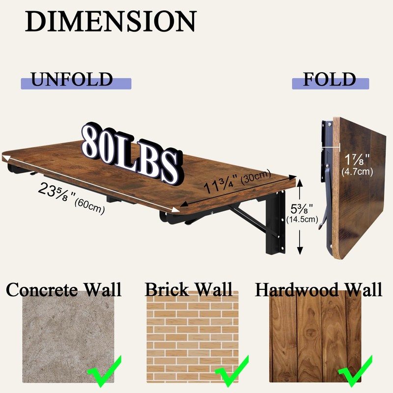 TEAMIX Wall Mounted Folding Table, Rustic Brown Floating Wall Desk