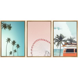 SIGNWIN Framed Canvas Print Wall Art Set Retro Vintage Ferris Wheel Beach Vacation Nature Wilderness Photography Modern Art Landscape Relax/Calm for Living Room, Bedroom, Office - 24"x36"x3 Natural