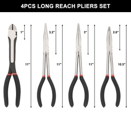 Mayouko 4PCS 11"Long Needle Nose Pliers Set, Long Reach Straight Pliers, 45°Bent Nose Pliers, 90°Bent Nose Pliers, Diagonal Pliers for Narrow Spaces and Limited Areas
