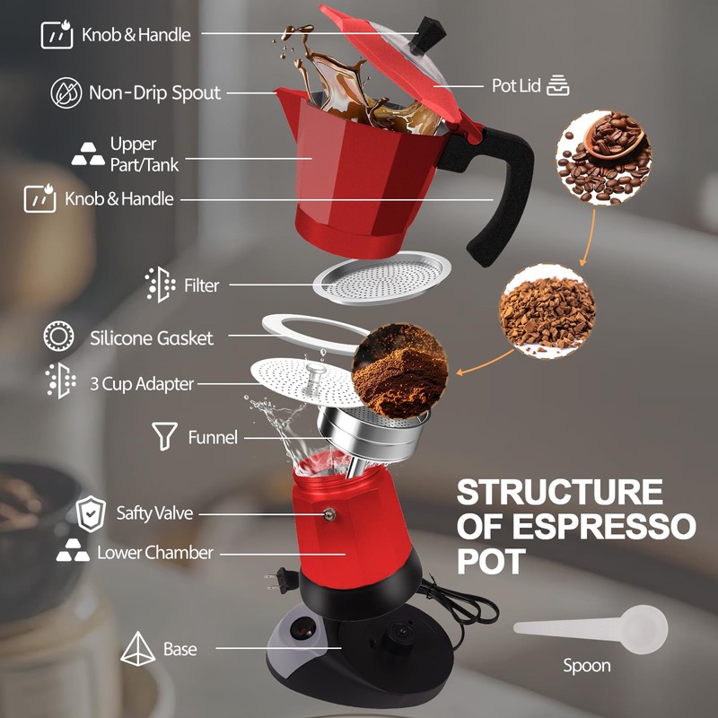 Aluminum Electric Moka Pot 5-6 Cup 270ml Express Coffee Maker