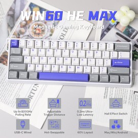 EPOMAKER Aula WIN60 HE 60% Wired Magnetic Keyboard with Adjustable Actuation, 8000 Hz Polling Rate, Hall Effect Switches, Hot-Swap, for FPS Games (Grey&White&Blue)