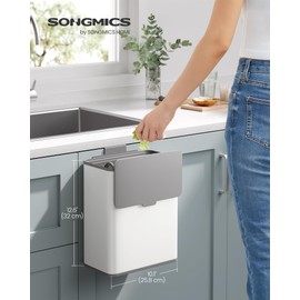 SONGMICS Hanging Trash Can, 2.1-Gallon (8 L) Small Kitchen Garbage Can with Lid, Cabinet Door Hanging or Wall-Mounted with Hooks, for Under Sink, Bathrooms, Cloud White ULTB810W01