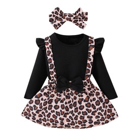 HEOXIN Infant Baby Girls Leopard Print Skirt, Romper + Bow Suspender Dress + Headbands 3PCS Set, Ruffle Sleeve Tops and Bowknot Headbands for Toddler Girls 2 Years- 3 Years, Black