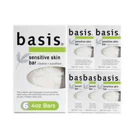 Basis Sensitive Skin Bar Soap for Body, Hands and Face, Unscented Soap Bar for Sensitive Skin with Chamomile and Aloe Vera, 4 Oz, Pack of 6