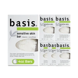 Basis Sensitive Skin Bar Soap for Body, Hands and Face, Unscented Soap Bar for Sensitive Skin with Chamomile and Aloe Vera, 4 Oz, Pack of 6