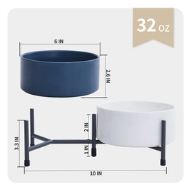 6 Inch Raised Ceramic Dog and Cat Bowl with Iron Stand, 32 OZ Modern Elevated Food and Water Bowls for Cats & Dogs, No Spill Porcelain Pet Feeder, Set of 2
