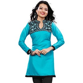 Maple Clothing Indian Short Kurti Top Tunic Embroidered Women's India Clothes (Turquoise, L)