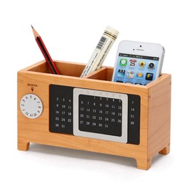 Wooden Pencils Holder Desk Organizer with Perpetual Calendar