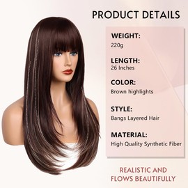 YUCCAHA Brown Blonde Highlights Synthetic layered Wig with Bangs for Women Wear and Go glueless Wig 26 Inch Middle Part Long Straight Colorful Costume Wigs Heat-Resistant Fiber for Daily Party Use