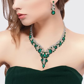 Clearine Wedding Jewellery Set Drop Rhinestone Cluster Statement Necklace and Earrings Set Costume Jewellery for Women Clear Silver Tone, Crystal