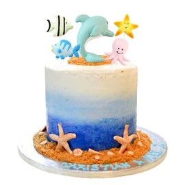 5 Stück Harz 3D Delphin Tortenaufsatz Figur mit 2D Meeresfisch Oktopus Seestern Kuchenaufsatz Picks Meerestiere Thema Babyparty Kindergeburtstag Party Kuchen Dekorationen Zubehör