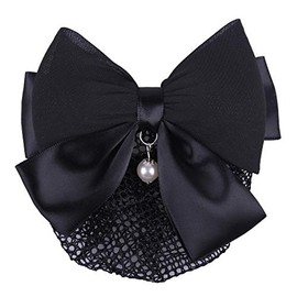 QHP Hair Net Hair Clip Grace Fine Mesh Net with Satin Bow and Pearl (Black)