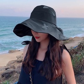 Women Wide Brim Summer Sun Hat Lightweight Foldable Beach Sun Hat for Ladies Travel Roll up Ponytail Visor (Black-473)