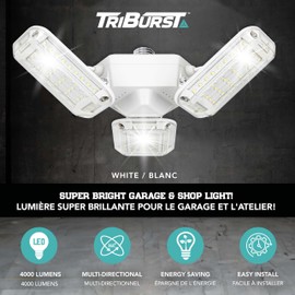 TRIBURST SHOPLIGHT PRO 360 LED Garage Lights - LED Light Bulb - Aluminum - 4000 Lumens & 40 Watts, 3 Brightness Mode, Adjustable Triple Panel for Indoors - Bedroom, Attic, Closet - As Seen On TV