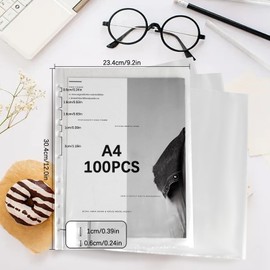 A4 Clear Wallets, Pack of 100, Open Top Punched Plastic Sleeves for Documents, Files, Papers, Lever Arch Files, Transparent, PP Material, 60 Micron