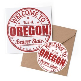 1 x Greeting Card & 10 cm Round Sticker Set - Welcome To Oregon USA Travel Stamp - Birthday Thank You Friend Lover Fan Mum Dad Kids #5799