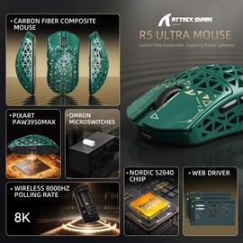 ATTACK SHARK R5Ultra 8K Carbon Fiber Wireless Gaming Mouse with 42000 DPI -PAW3950 MAX Sensor -39g Ultra-Lightweight-Nordic 52840 MCU Chip-Wired/BT/2.4GHz Wirelss Programmable Mouse for PC/Mac (Green)