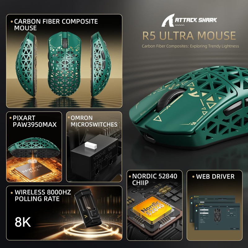 ATTACK SHARK R5Ultra 8K Carbon Fiber Wireless Gaming Mouse with