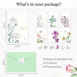 bellove 24 Sympathy Card with Envelopes Stickers Condolence Cards Assortment Floral Designs Gold Foil with Heartfelt Messages for Memorial, Loss,Bereavement and Grief