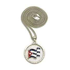 NYFASHION101 Stone Stud Cuba Waving Flag Medal w/ 3mm 24" Cuban Chain Necklace, Silver-Tone