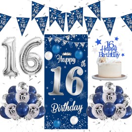 DUGEHO 16th Birthday Decorations Blue and Silver Happy 16th Birthday Banner 16th Birthday Party Decorations for Boys Girls, Balloons Banner Triangle Flags Birthday Door Wall 16th Party Decorations
