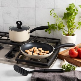 Basic Essentials 4-Piece Nonstick Aluminum Starter Cookware Set, Fry Pan Skillet Saucepan Pot with Glass Lid and Nylon Spatula Turner, Cream White