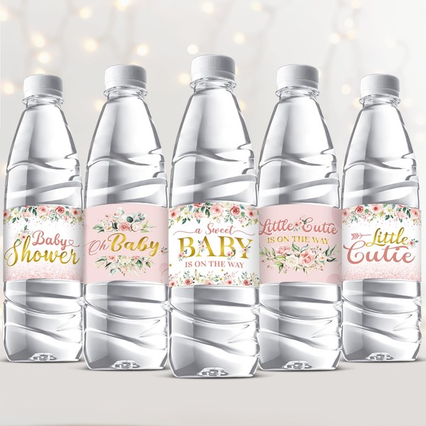 Colarr 72 Pcs Pink Baby Shower Water Bottle Labels Baby Shower Water Bottle Wrappers for Girls Water Bottle Labels Pink Gold Flower Baby Shower Party Decoration Floral Baby Shower Party Supplies
