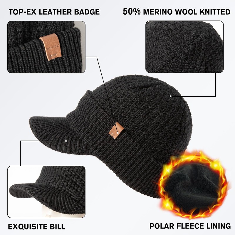 TOP-EX Waterproof Visor Beanie Hat for Men Winter Knit Skull