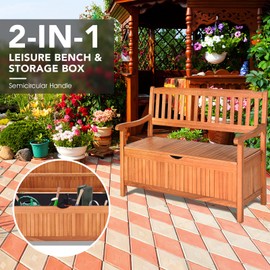 Safstar Outdoor Patio Bench with Storage Box, 33 Gallon Capacity, Wooden Frame, Eucalyptus Material, Natural Color, 42 x 23 x 35.5 Inches