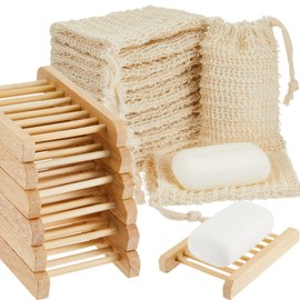 60 Pack Soap Exfoliating Bag Holder Soap Set with 30 Pieces Soap Saver Bag Pouch Mesh Sisal Soap Bag and 30 Pieces Bamboo Wood Soap Holder for Shower and Bath Use