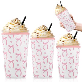 SiliFine 3 Pack Reusable Coquette Bow Sleeves for Iced Coffee Cup Neoprene Pink Coffee Sleeve Insulated Neoprene Cup Holder for Cold Beverages Iced Hot Drinks(Bow and Heart)