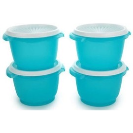 Tupperware Servalier Set of 4 Aqua Blue Bowls with White Liquid & Airtight Seals - 20 oz. Storage Containers