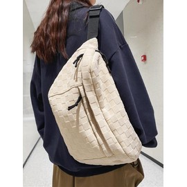 Women's 2024 Summer Fashionable Plaid Pattern Zipper Purse for Gift, Plain Large Capacity Summer Casual Commuter Versatile Fanny Packs, Simple All-match Beige Fabric Bum Bag:_Off White_Please Refer To The Pictures for Dimensions