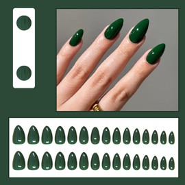 30 Pcs Spring Press on Nails Extra Short Almond - LINMEIZAI Short French Tip Fake Nails Press ons Nail Tips Glue on Nails Full Cover Acrylic Nail Kit False Nails Pure Green Nail Art Design for Women