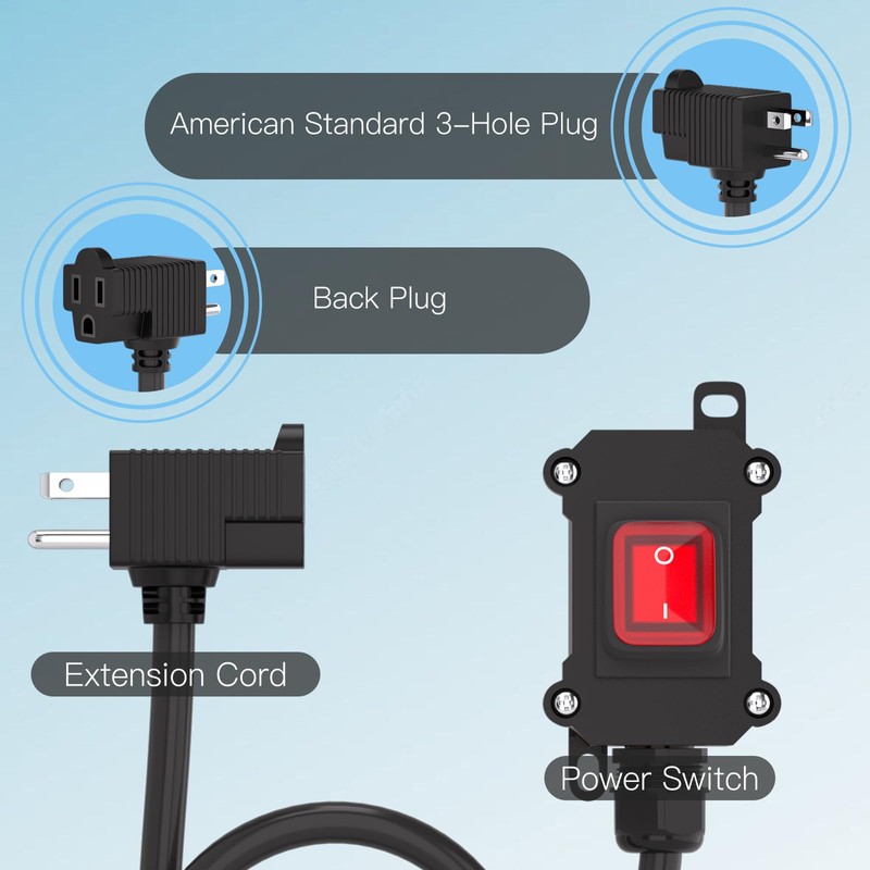 Inline Power Switch with 6-ft 14AWG Cable Piggyback Plug(3-Pronged),Red LED