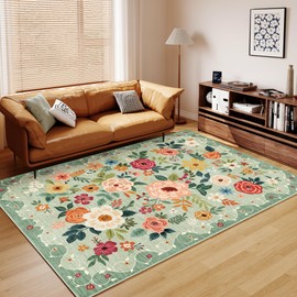 DUKINO 3x5 Area Rug, Floral Rugs for Living Room, Lightweight Non Slip Washable Rug, Indoor Low Pile & Non-Shedding Boho Design Rugs for Bedroom, Living Room, Dining Room, Green