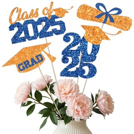 Graduation Decoration Class of 2025 16PCS Glitter Graduation Centerpieces Sticks for Table 2025 Graduation Party Decorations Class of 2025 Table Toppers(Blue and Orange)