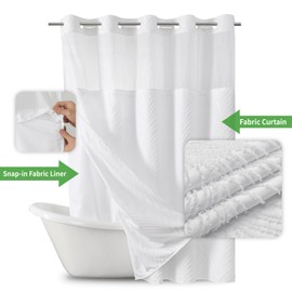 eachope No Hook Shower Curtain and Liner Set,No Hook Tufted Striped Textured Shower Curtain with Snap in Liner Replacement and Waterproof Fabric,Boho Style with See Through Top Window,White,71Wx74H