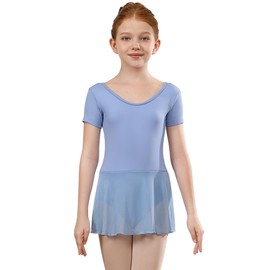 HIPPOSEUS Girls Ballet Leotards with Skirt Toddler Classic Short Sleeve Dance Dress for Ballerina,7023-Blue,11-12Years