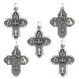 Lot of Five 5-Way Cross Medals with Jump Rings | 1 1/8" Tall | Medal Silver Oxidized | Die Cut for Detail | Great Catholic Gift for First Communion and Confirmation | Made in Italy, 1.25", Metal, No Gemstone