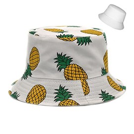 Unisex Bucket Hat White Pineapple Print Double-Side-Wear Reversible White Sun Hat for Women Men, Packable Fisherman Hat for Teen, Summer Vacation Travel Beach Outdoor Wide Brim Cap