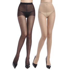 ZIHUA 2 Pairs Run-Resist Nude Sheer Tights for Women, 20 Denier Control Top Tights with Reinforced Toes(Nude+Black,S)