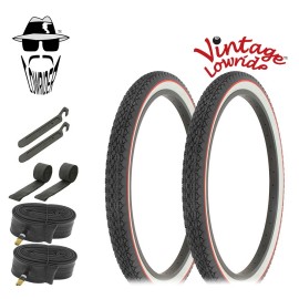 VINTAGE LOWRIDER BICYCLE TIRE 24 x 2.125 BLACK/WHITE RED LINE DIAMOND 8pc SET.