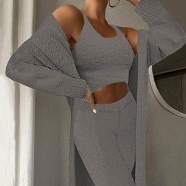 Fixmatti Women's Fuzzy 3 Piece Sweatsuit Open Front Cardigan Crop Tank Tops Wide Legs Pants Lounge Sets, 1-dark Grey, Small